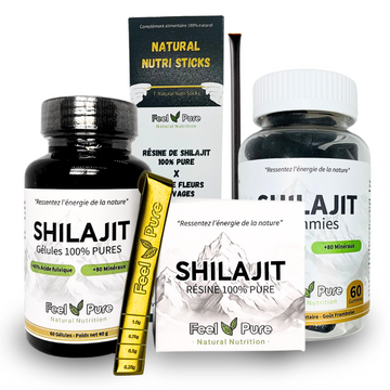 Pack Découverte : Résine de Shilajit, Cuillère doseuse, Gélules de Shilajit, Gummies de Shilajit et Natural Nutri Sticks (Boite de 7)