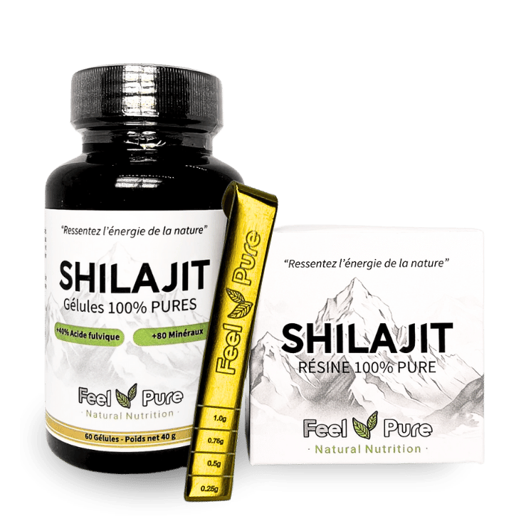 Pack 100% Shilajit Feel Pure – Résine, gélules et cuillère doseuse pour un dosage précis et une consommation facile du Shilajit.