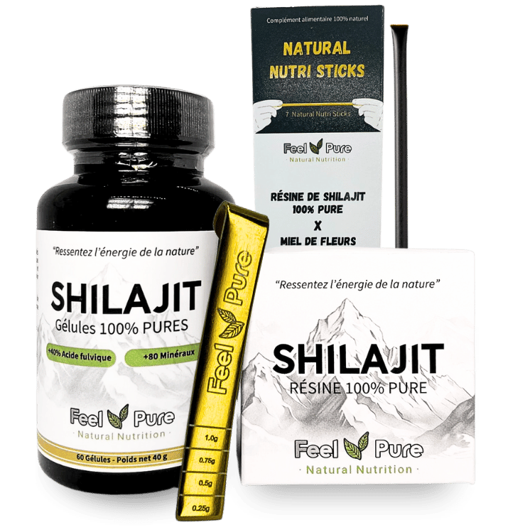 Pack Force de la Nature Feel Pure – Résine de Shilajit, gélules, sticks et cuillère doseuse pour un apport complet en énergie et vitalité.
