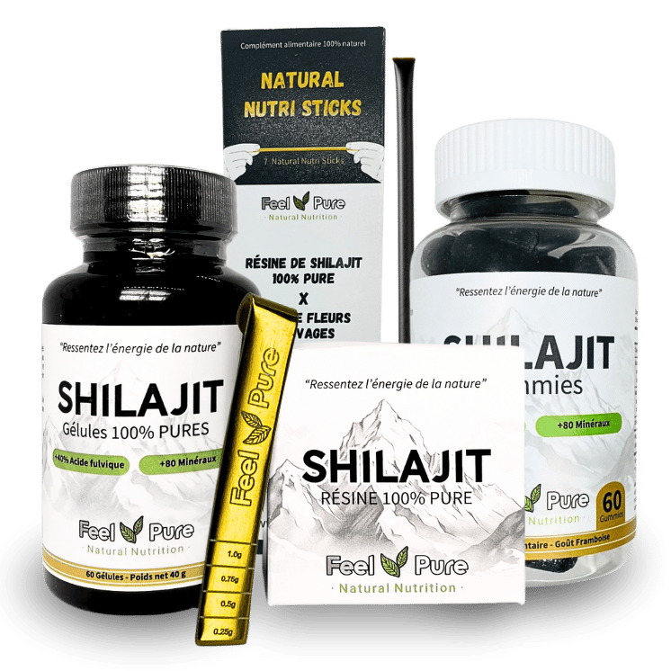 Pack Découverte Shilajit Feel Pure – Résine, gélules, gummies, sticks et cuillère doseuse pour une cure complète d’énergie et de bien-être.