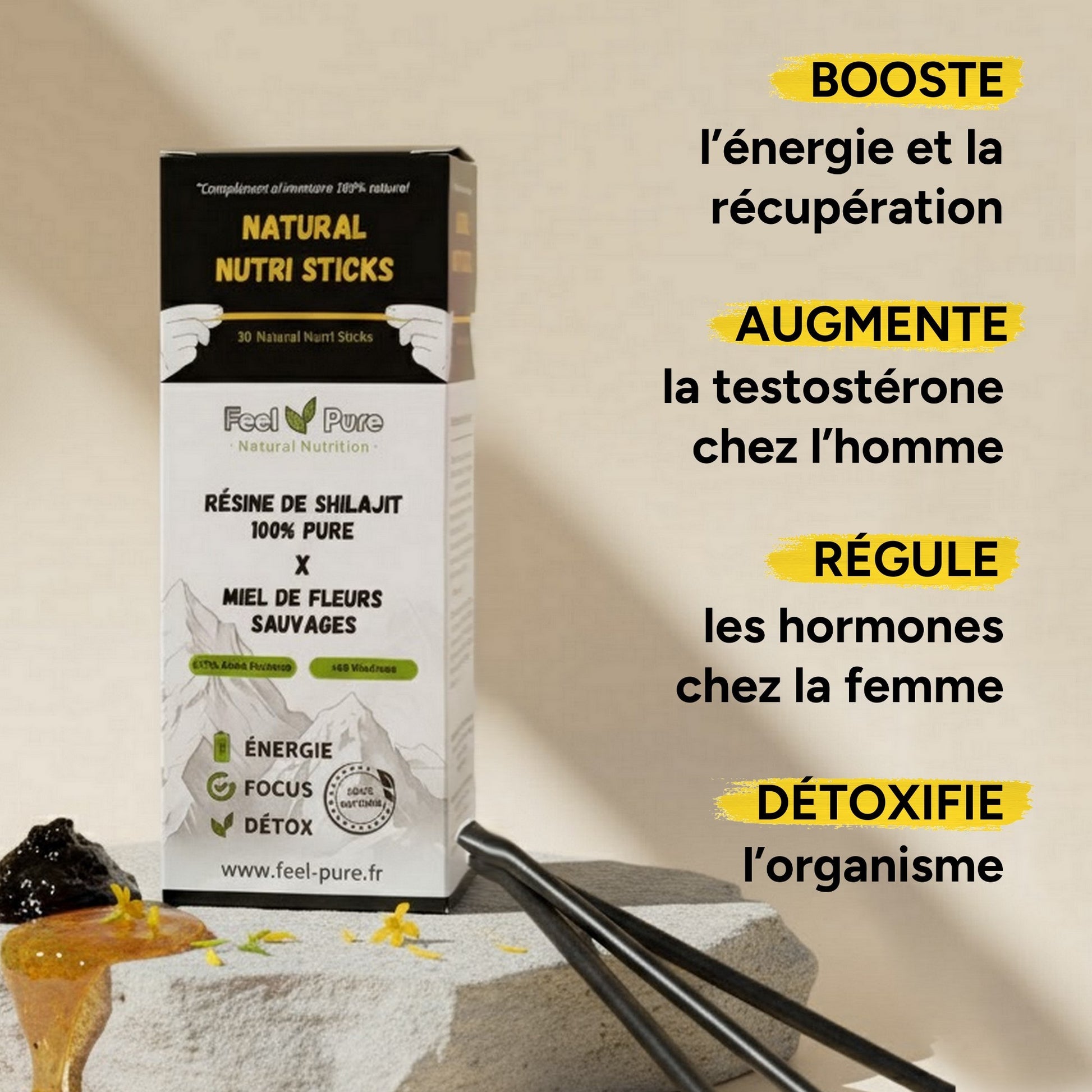 Bienfaits Boite de 30 Sticks de Miel et de Shilajit