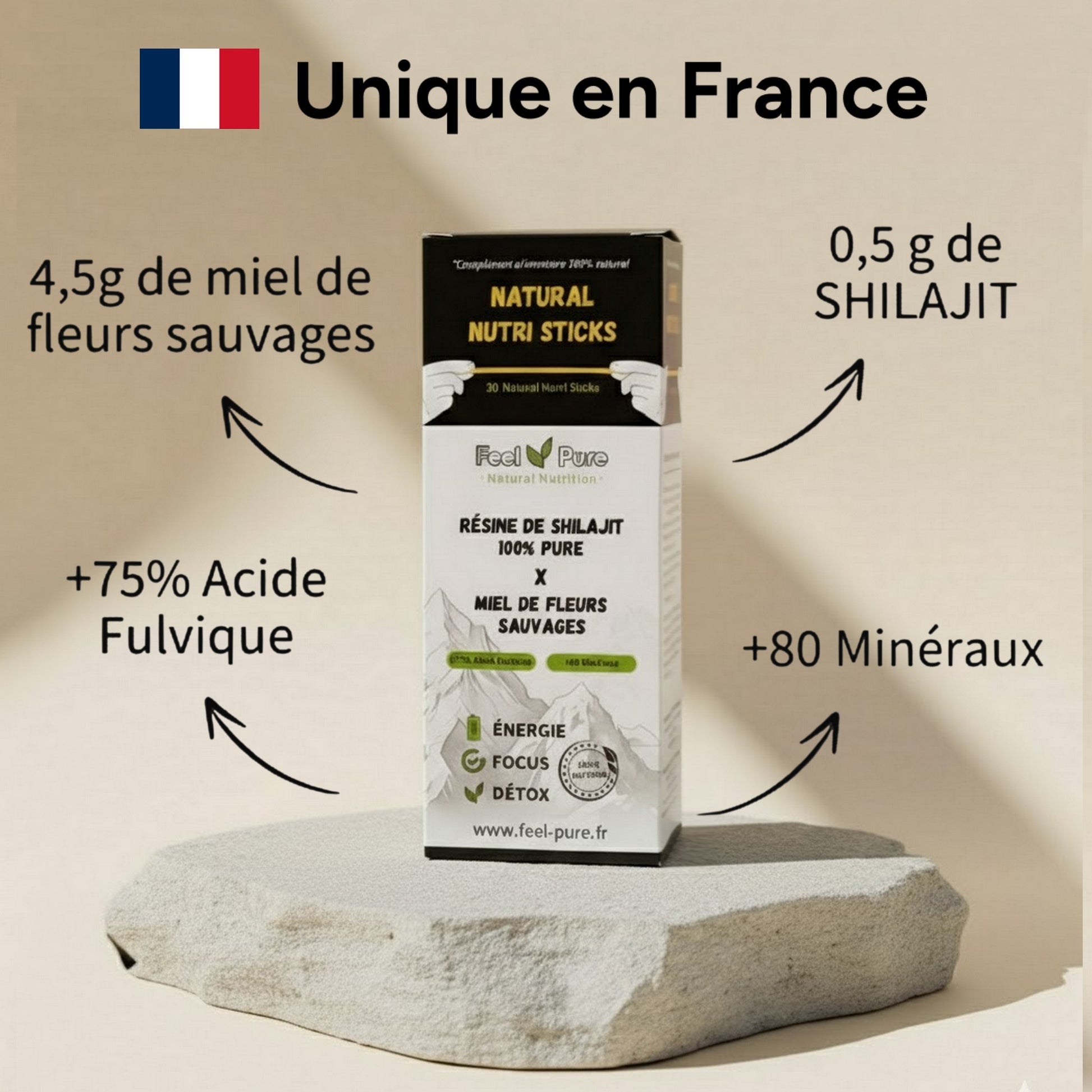 Caractéristiques Boite de 30 Sticks de Miel et de Shilajit
